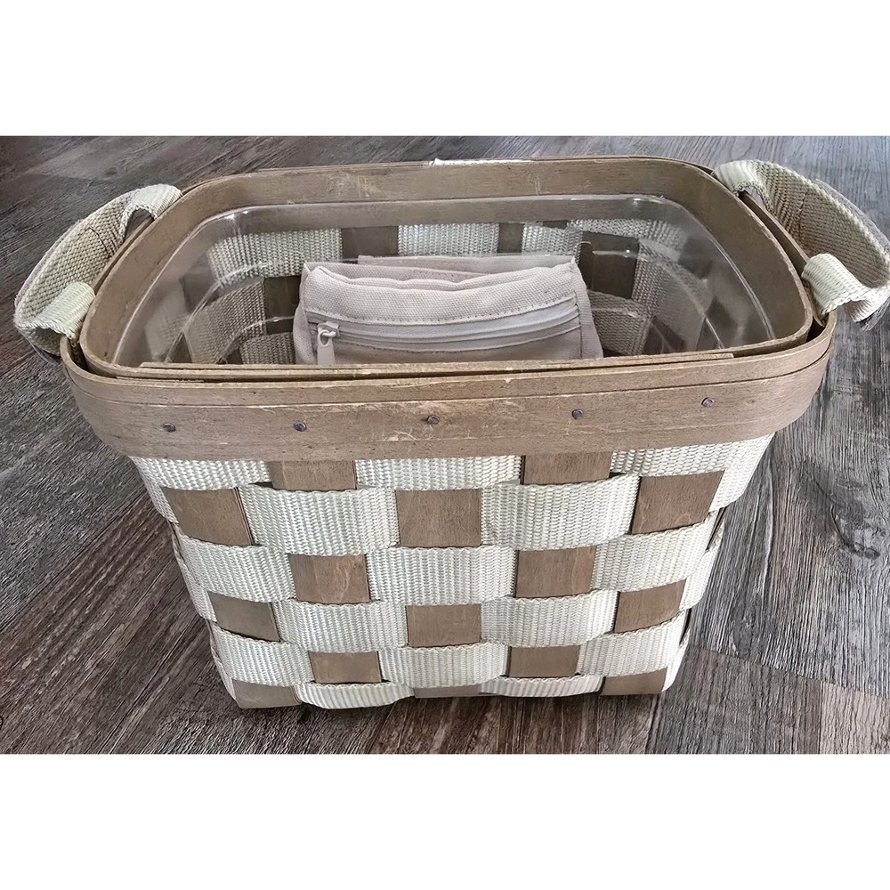Longaberger Small Tan Green Side Handled To‎ Go Tote Nylon & Wood Basket